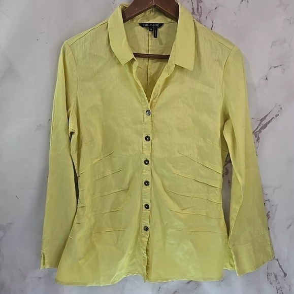 NIC+ZOE Tops - Nic + Zoe Top Womens Medium Yellow Linen Button Up Long Sleeve V Neck